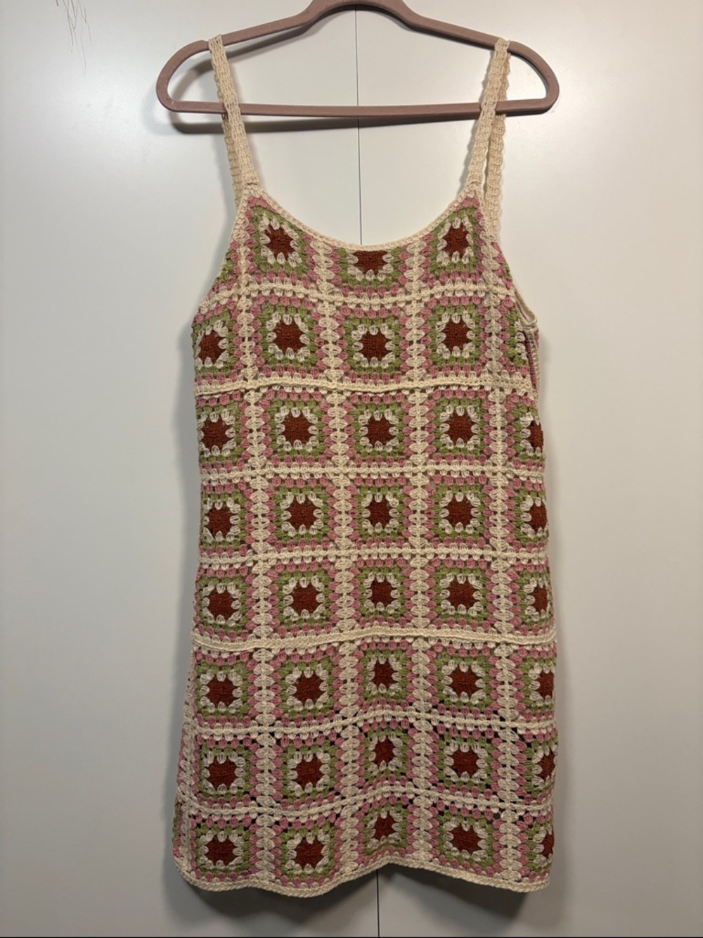 Pink Lily Crochet Square-Print Tank Dress in Cream, Pink, Green & Brown L